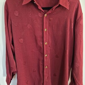 Versace Vintage Burgundy Wine Tonal Jacquard Logo Repeating Button Down M.